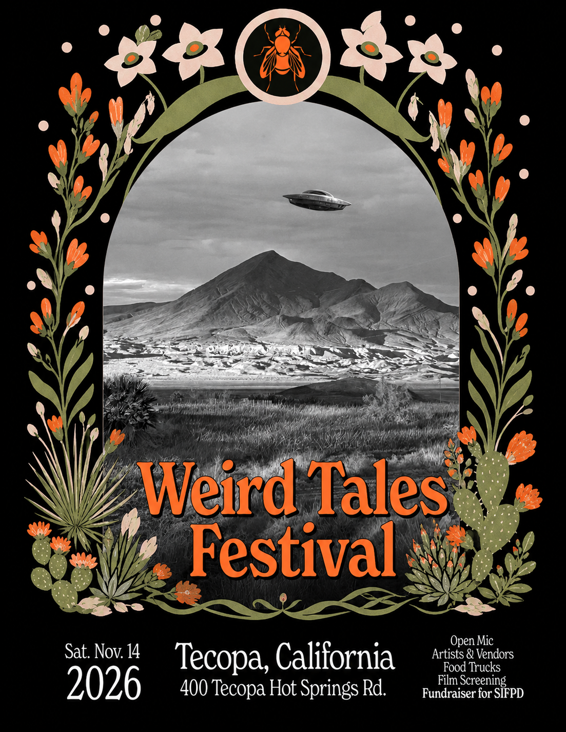 Vintage poster showing a flying saucer above a desert mountain, framed by flowers and the words Weird Tales Festival